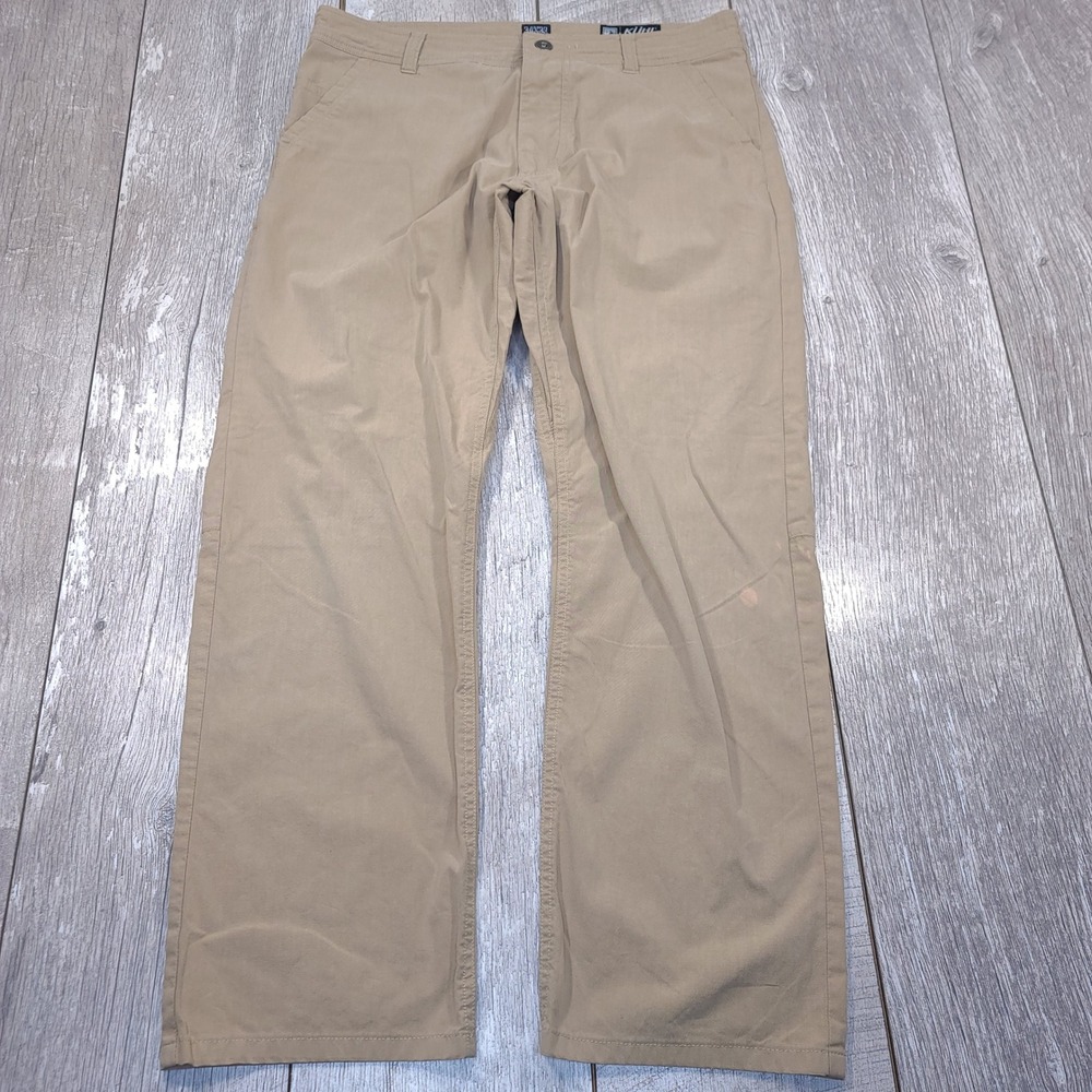 KUHL Slax Pants Men 34x30 Khaki Tan Enduro Fabric Technical Lean Fit Trousers